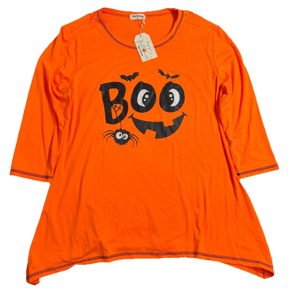 NWT Trick Or Treat Womens Orange Halloween Shirt Top 1x Long Sleeve Boo Spider
